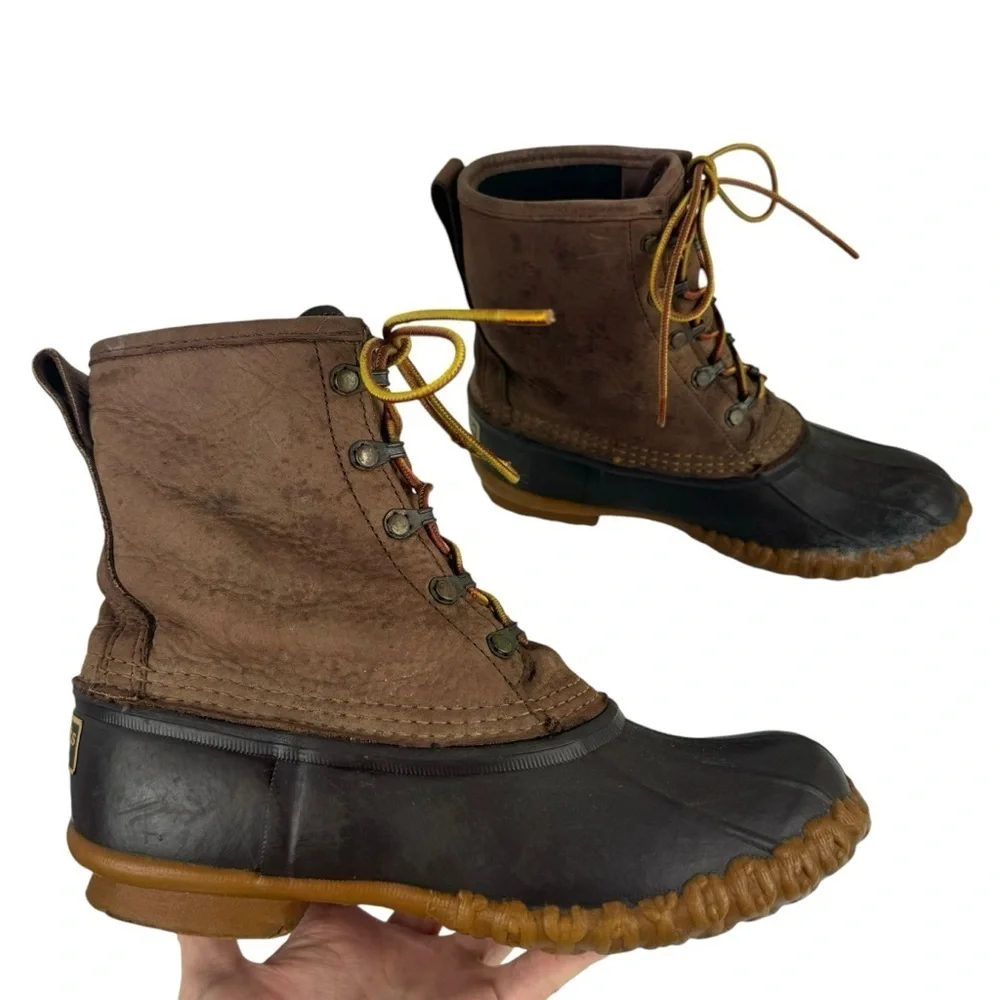 LL Bean The Bean Duck Lace Up Boots Brown Leather Rubber Size 8 Vintage Snow